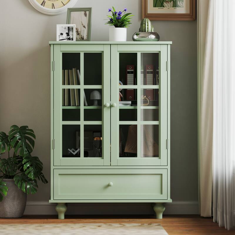 Buffet Cabinet with Double Glass Doors, Sideboard Cabinet with Drawer, Wooden Storage Cabinet with Adjustable Shelf