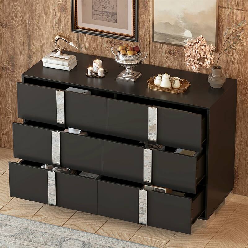 Modern Dresser with Metal Foot, Mirrored Storage Cabinet with 6 Drawers - Black