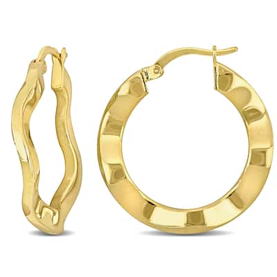 Miadora Yellow Plated Sterling Silver 27mm Round Wave Hoop Earrings