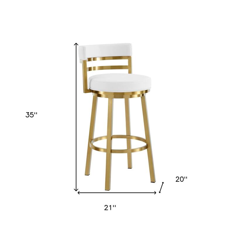 HomeRoots 26" White and Gold Faux Leather and Stainless Steel Low Back Counter Height Swivel Bar Chair