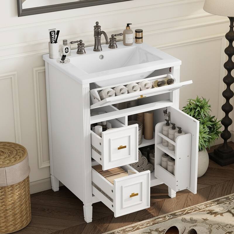 24 Inch Bathroom Vanity with Sink, Flip Drawer and Two Soft-Close Drawers - White