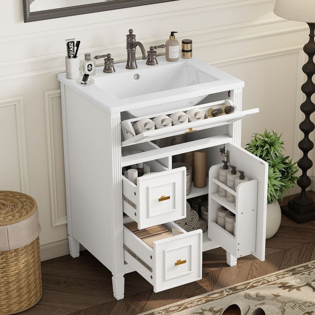 24 Inch Bathroom Vanity with Sink, Flip Drawer and Two Soft-Close Drawers