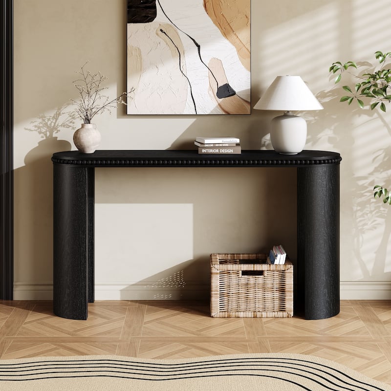 Vintage Console Table With Beaded Trim And Reversible Curved Legs,Natural Wood Veneer Finish-Entryway Accent Table