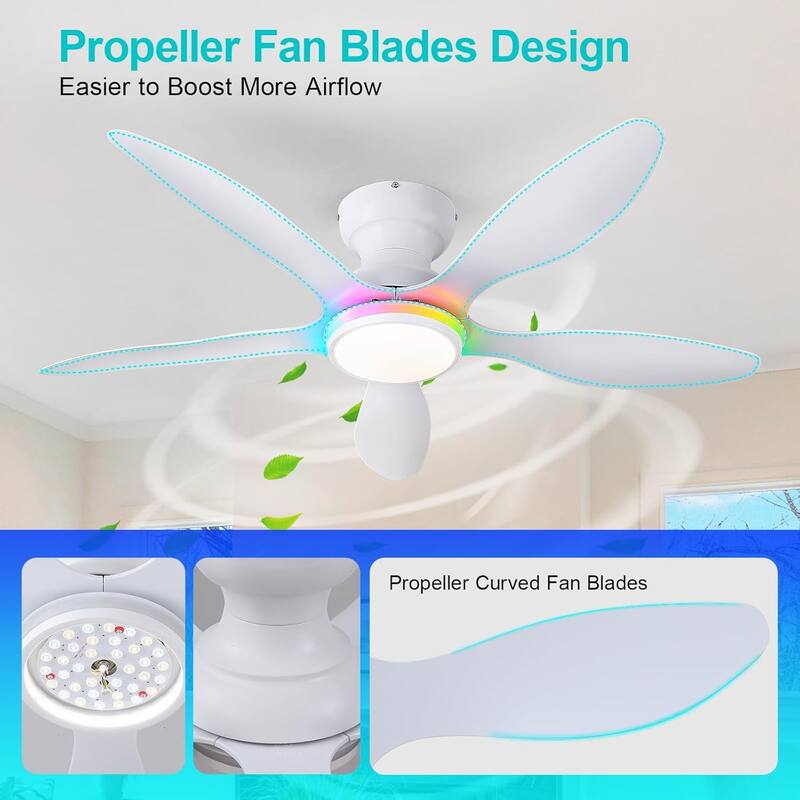 46" Modern Flush Mount Ceiling Fan with LED Light and Remote APP Control Reversible DC Motor for Living Room Bedroom - 46 Inches