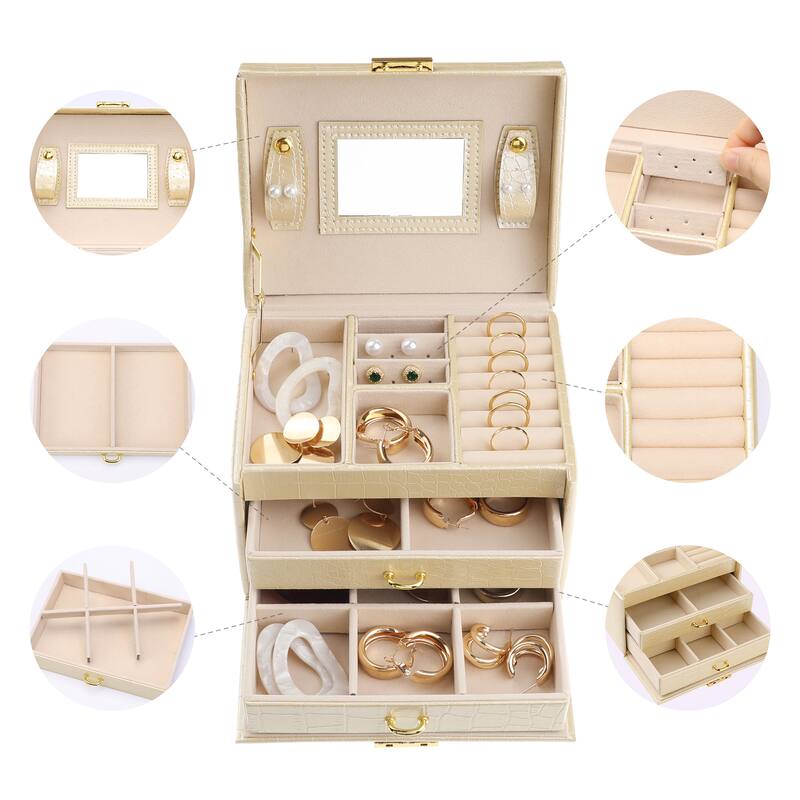 3 Layer Jewelry Box with Mirror for Women Girls Birthday Gifts, PU Leather Jewelry Organizer Storage Holder with Drawer