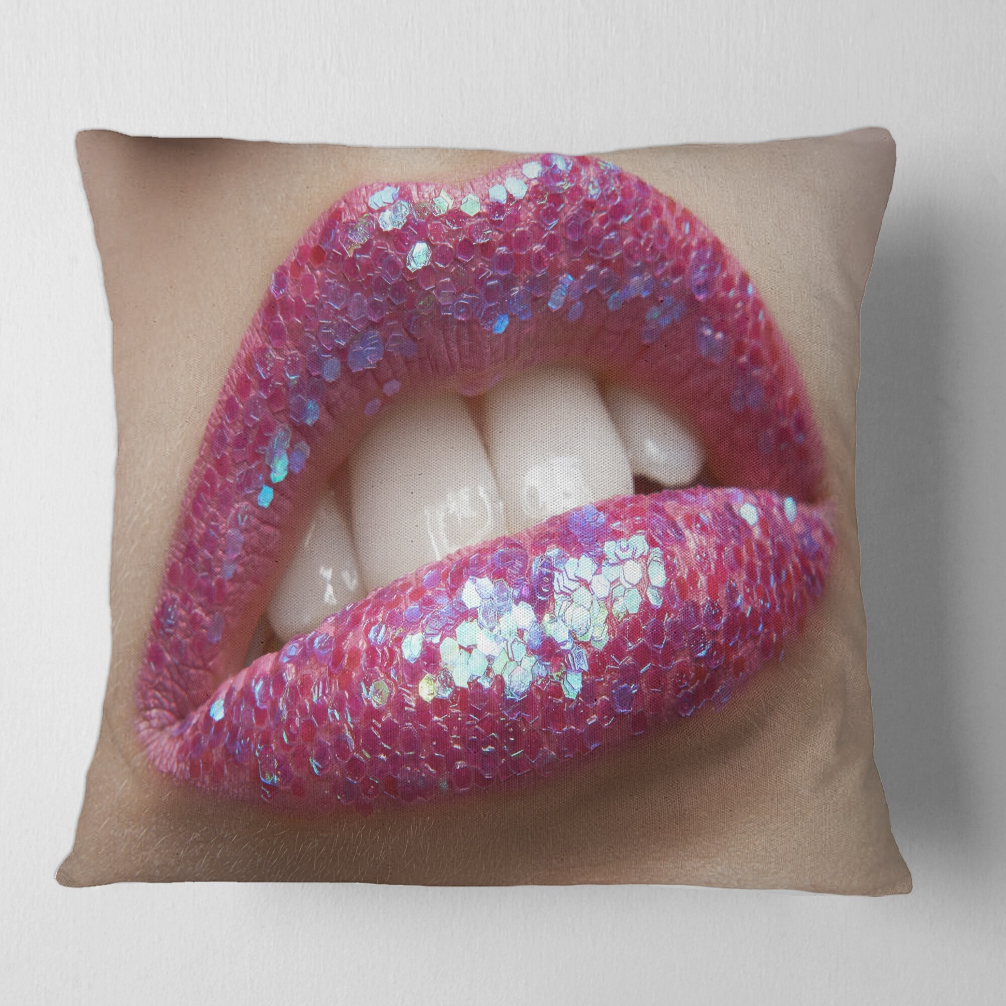 Designart Woman Female Lips Pink Lipstick and Sequins Modern Printed Throw Pillow