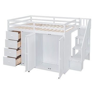Full Loft Bed w/ Storage Staircase, 4 Drawers, Cabinet, Two Wardrobes