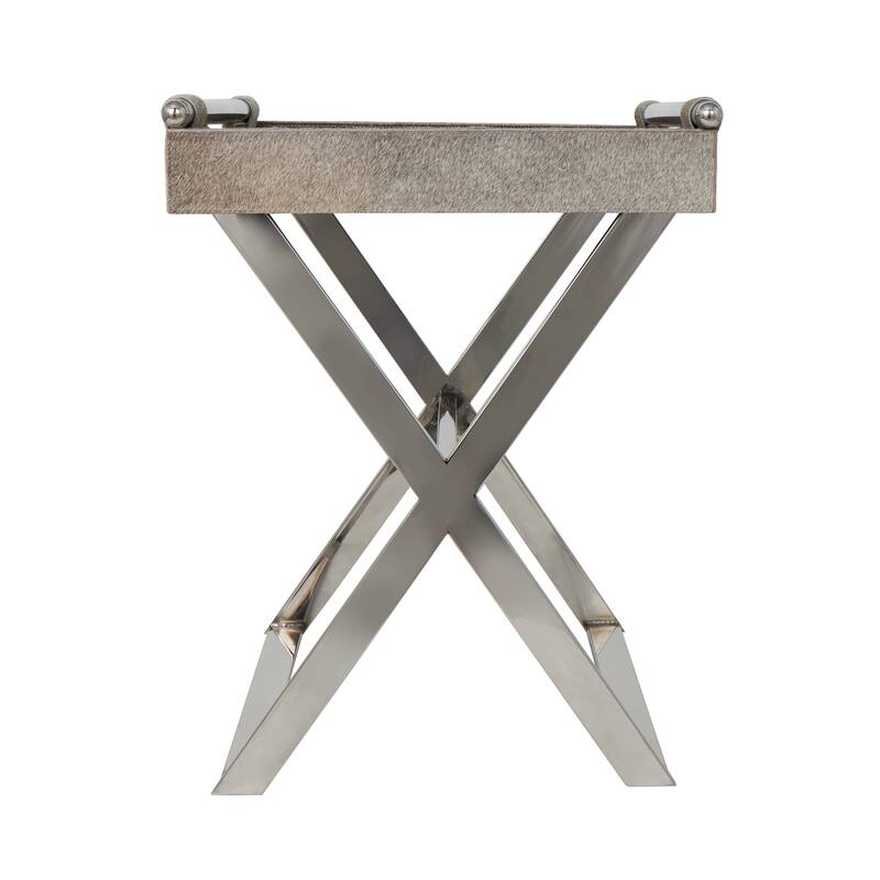 Gray Leather Tray Table Accent Table with Silver Legs and Handles