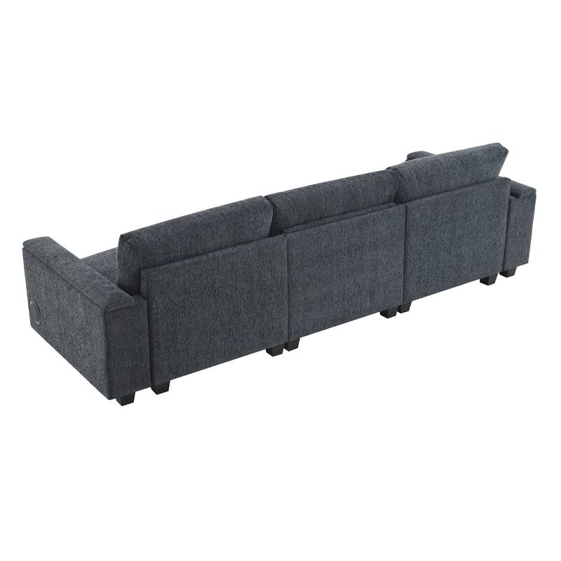 Chenille Cloud Sofa with Cup Holders, USB Port & Bluetooth Speaker, Convertible Loveseat with Drop Down Table & Storage Armrest