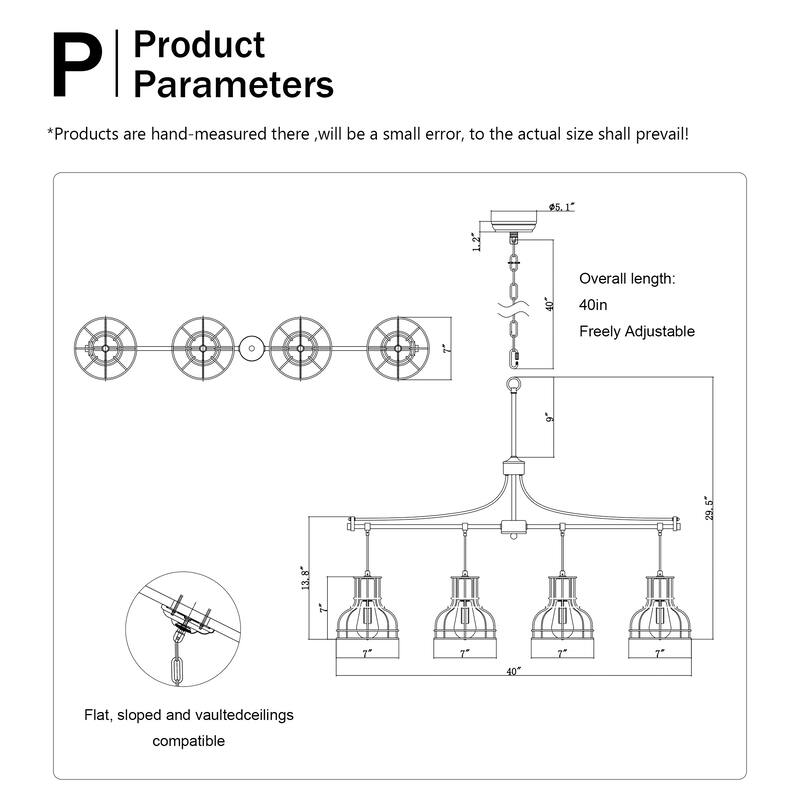 Farmhouse Linear Chandelier 4-Light Matte Black Ceiling Light Fixture with Metal Lampshade, for Dining Room, kitchen Island
