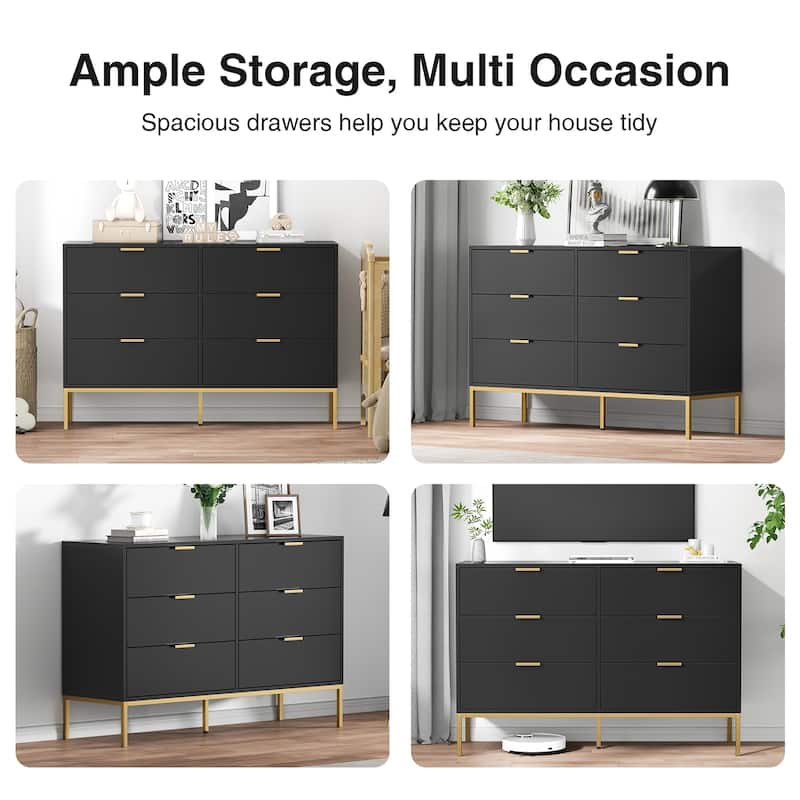 Anmytek Modern 6-Drawer Double Dresser Black Wood Chest of Drawers Storage Organizer for Bedroom