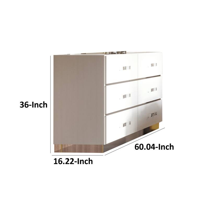 Ruo 60 Inch Modern Wide Dresser, 6 Drawers, Chrome Plinth Base, White Wood
