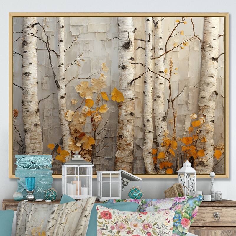 Designart "Autumn Birch Tree Elegance" Tree Orange Wall Decor - Country Living Room Framed Canvas Art - 32 in. wide x 16 in. high - Maple