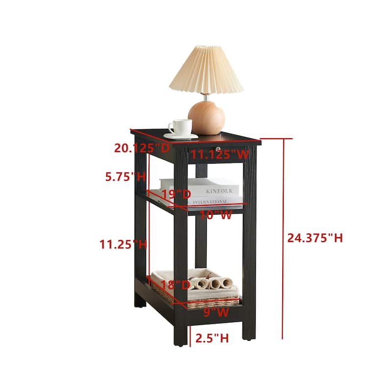 Slim Wood Side End Table with Storage Shelves & Pull-Out Tray, Nightstand for Bedroom, Living Room - 20"L x 11"W x 24"H