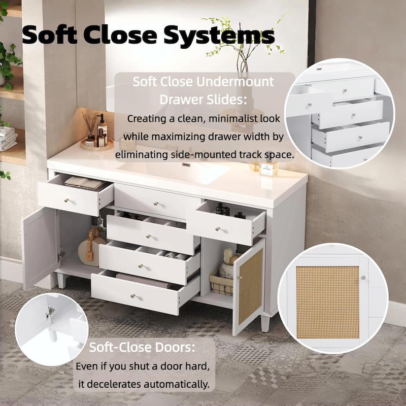60" Bathroom Vanity with SMC Sink - Modern Large Storage Cabinet with Soft Close Drawers and Rattan Doors