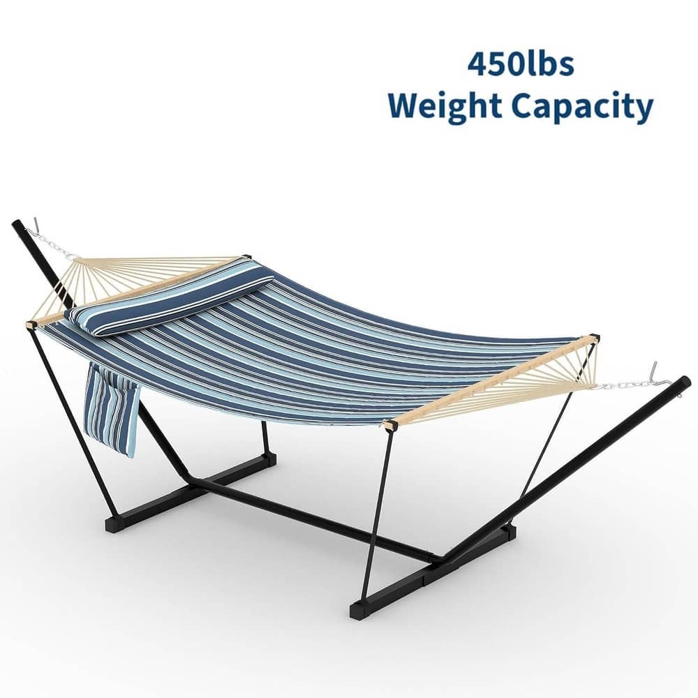 Heavy Duty Portable Double Hammock with Stand for Outdoor Patio, Garden, Beach, Backyard
