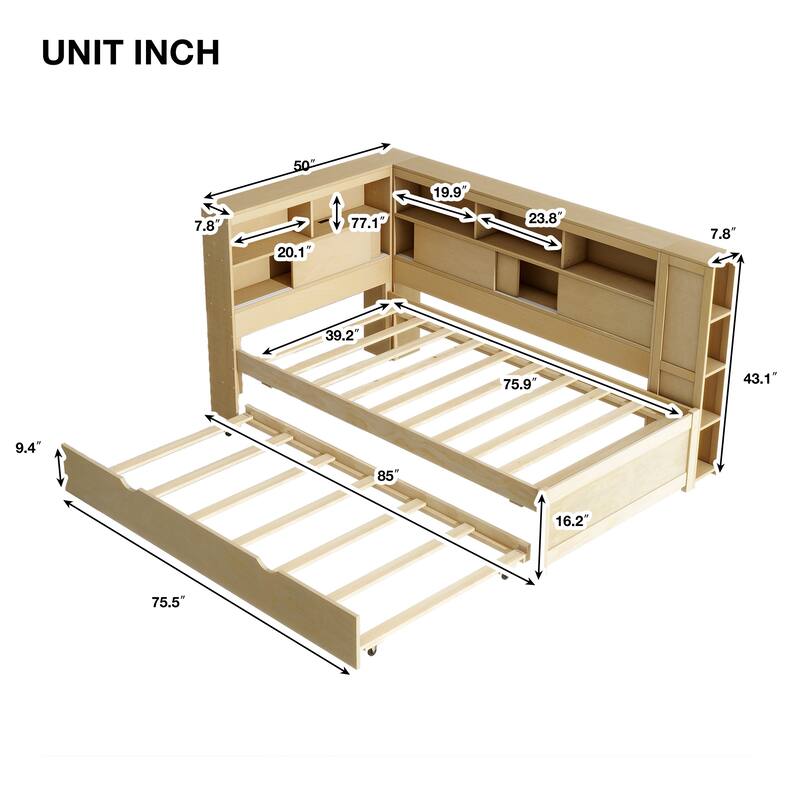 Twin Size Wood Daybed with Storage Shelves, Built-In USB Charging Station, and Trundle for Extra Sleeping Space