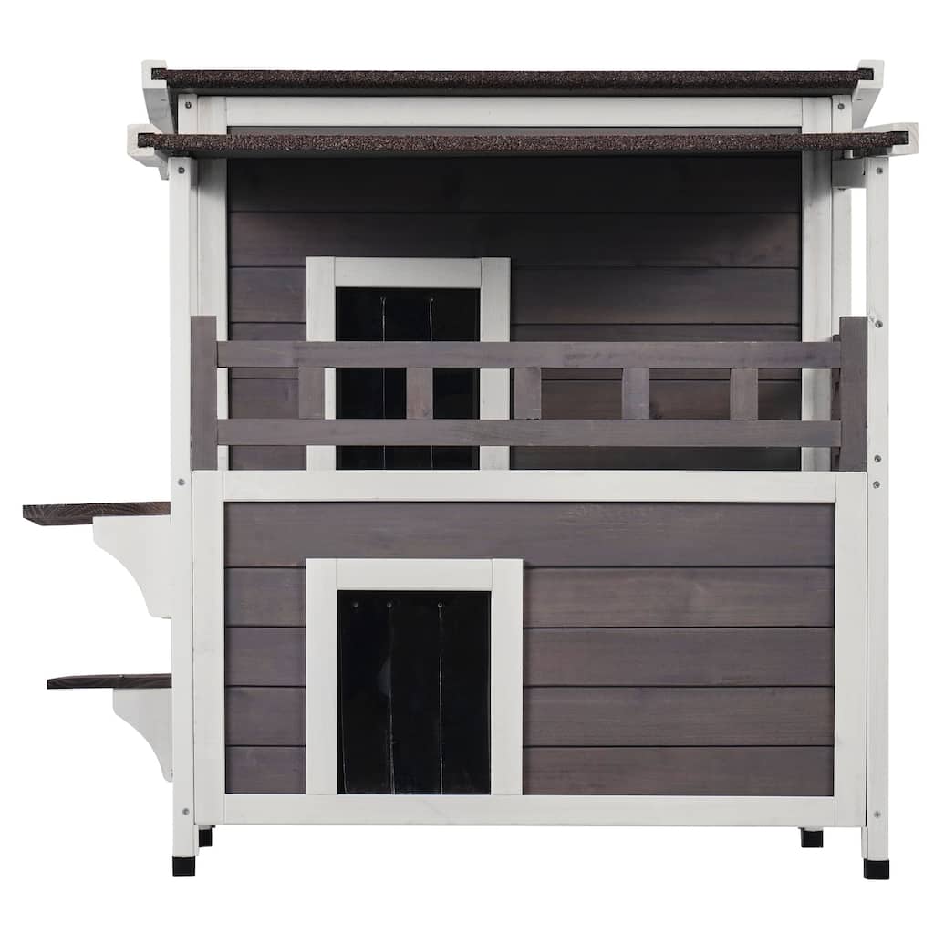 Outdoor Cat House Weatherproof, with Balcony, Doors, PVC Door Flaps and Open Roof - 30"L x 30"W x 32"H