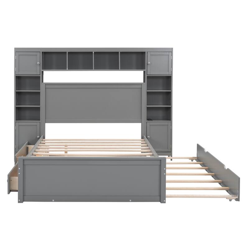 Wooden Storage Platform Bed with All-In-One Headboard, Solid Pinewood Captain Bed Frame with Trundle and 2 Drawers