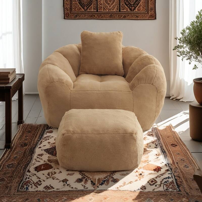 Faux Fur Shell Bean Bag Chair Sets with Footstool and High-Density Foam - khaki