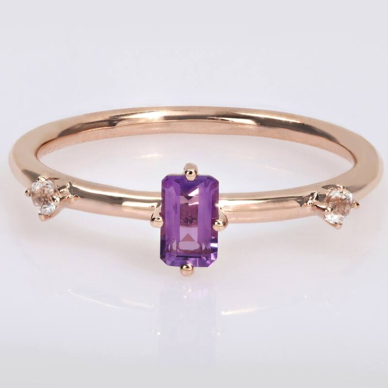 Miadora 10k Rose Gold Amethyst and White Topaz 3-Stone Stackable Rectangular Ring