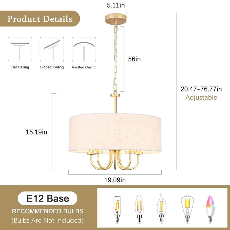 Modern Farmhouse Drum 5-Light Transitional Chandelier, Classic Semi Flush Mount Chandelier for Dining room - W19.09"x H15.19"