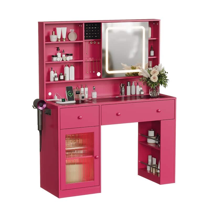 Particle Board Veneered , 2 Drawers, 1 Glass Door, Left and Right 2-tier Shelves, Glass Tabletop, Dressing Table - N/A