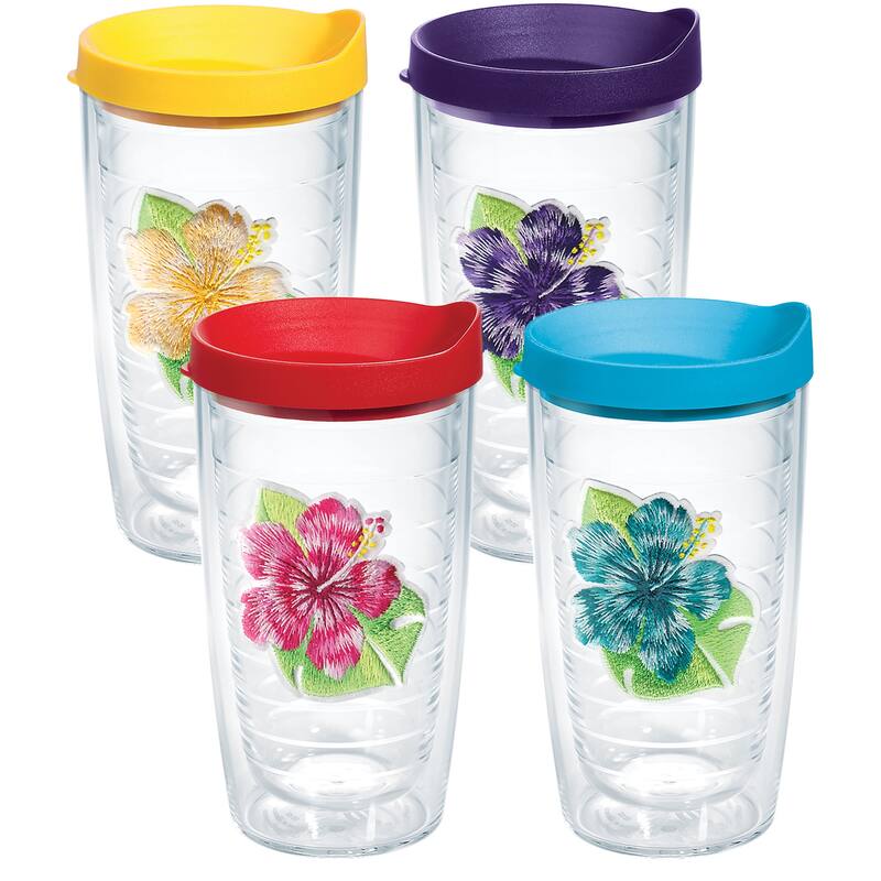 Tervis Tropical Hibiscus Collection Made in USA Double Walled Insulated Travel Tumbler, Assorted Island Hibiscus - With Lid - 16oz 4pk