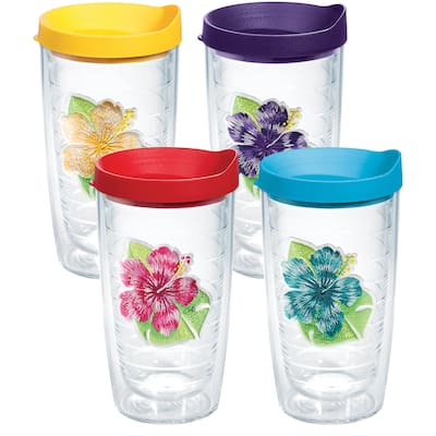 Tervis Tropical Hibiscus Collection Made in USA Double Walled Insulated Travel Tumbler, Assorted Island Hibiscus - With Lid