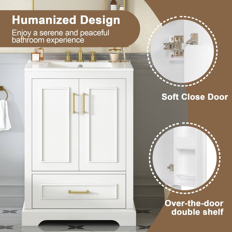 24" Bathroom Vanity with Sink - MDF/Solid Wood, 1 Drawer & 2 Soft-Close Doors with Storage Racks