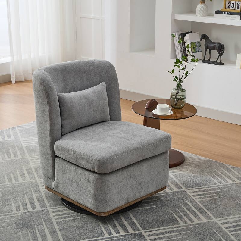 25.2 "Wide Modern Chenille Cushioned Armless Metal Base 360° Swivel Chair with Pillow, Lounge Area - Grey