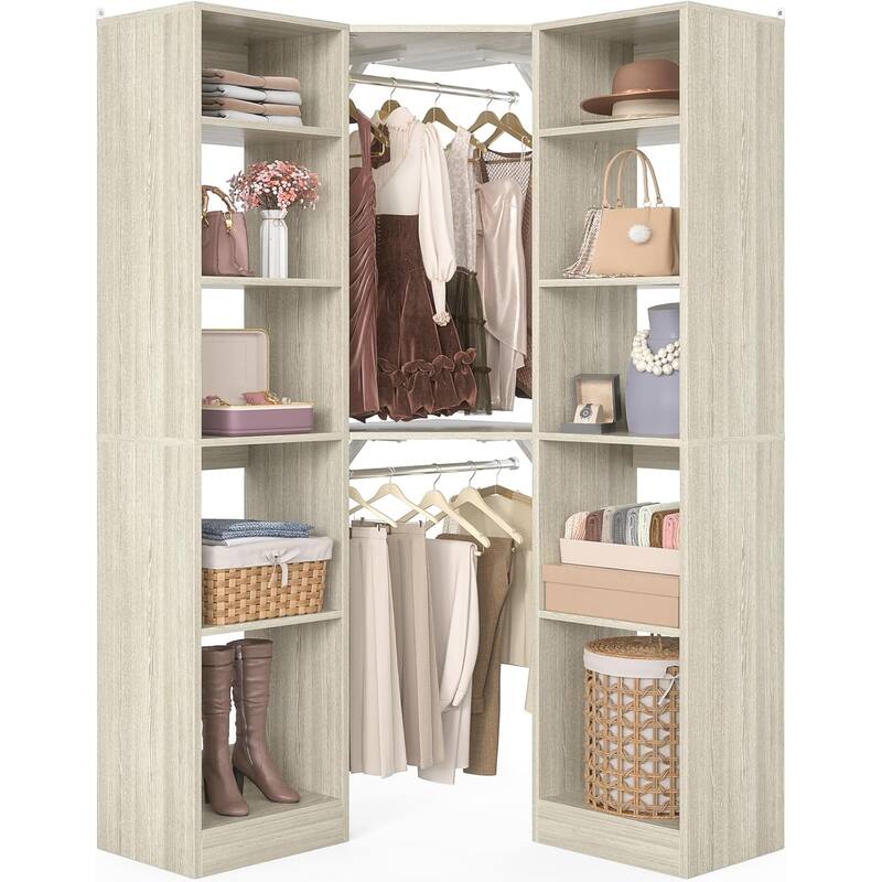 Kyrvo Corner Closet System with 12 Shelves and 2 Hanging Rods, 40"W x 80"H Freestanding Walk-in Closet Organizer System