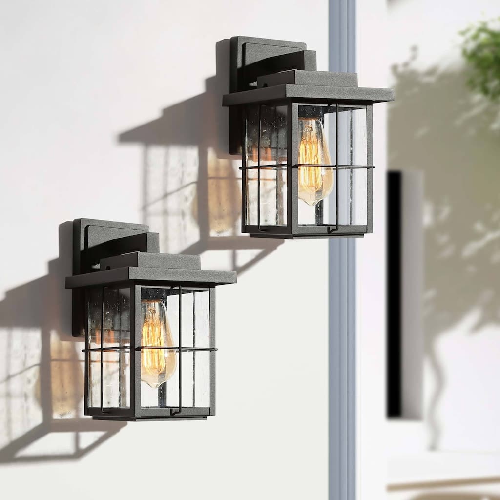 Bern Mid-Century Modern Black Seeded Glass Traditional Lantern Outdoor Wall Sconce (Set of 2) - L 6"x W 7.5"x H 11"