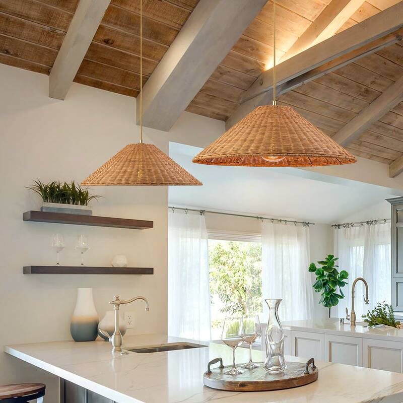 1-Light Farmhouse Straw Hat Hand Woven Chandelier with Natural Rattan Shade