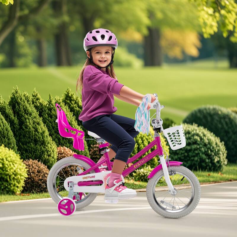 Kids Bike for Girls with Basket and Adjustable Doll Seat Dual Brakes Removable Training Wheel