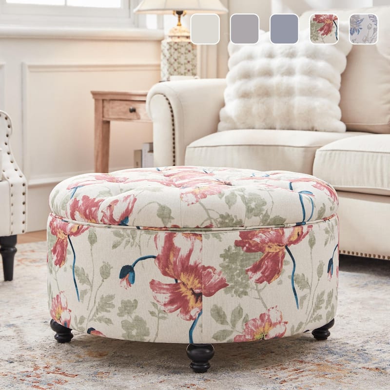 Tufted Large Round Storage Ottoman Footrest Beige/ Grey/ Blue