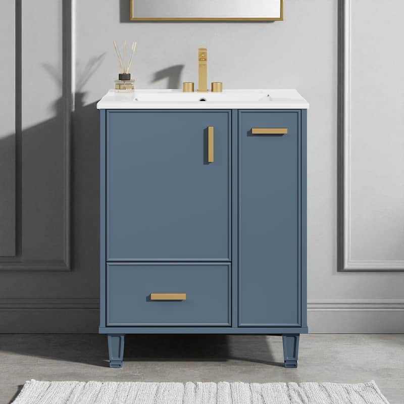 24'' Bathroom Vanity with Ceramic Sink, Solid Wood Frame, Deep Drawer, Pull-Out Basket, Soft-Close Door & Storage Shelf - Grey Blue