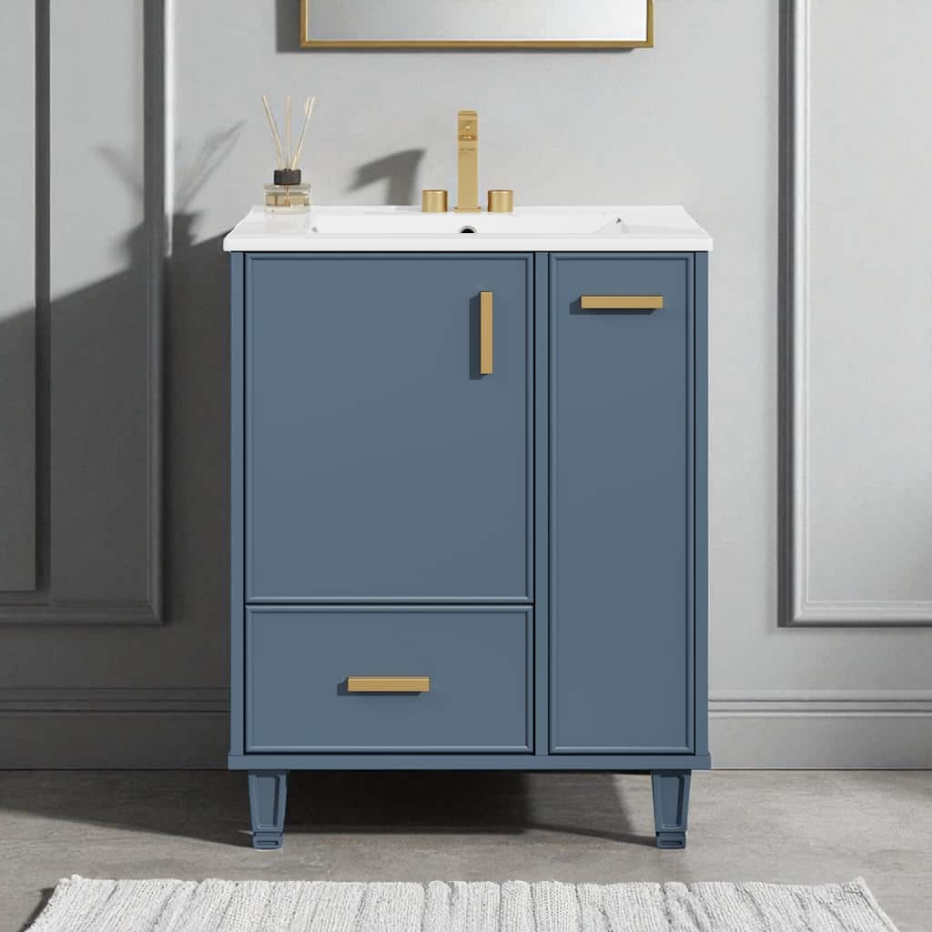 24'' Bathroom Vanity with Ceramic Sink, Solid Wood Frame, Deep Drawer, Pull-Out Basket, Soft-Close Door & Storage Shelf