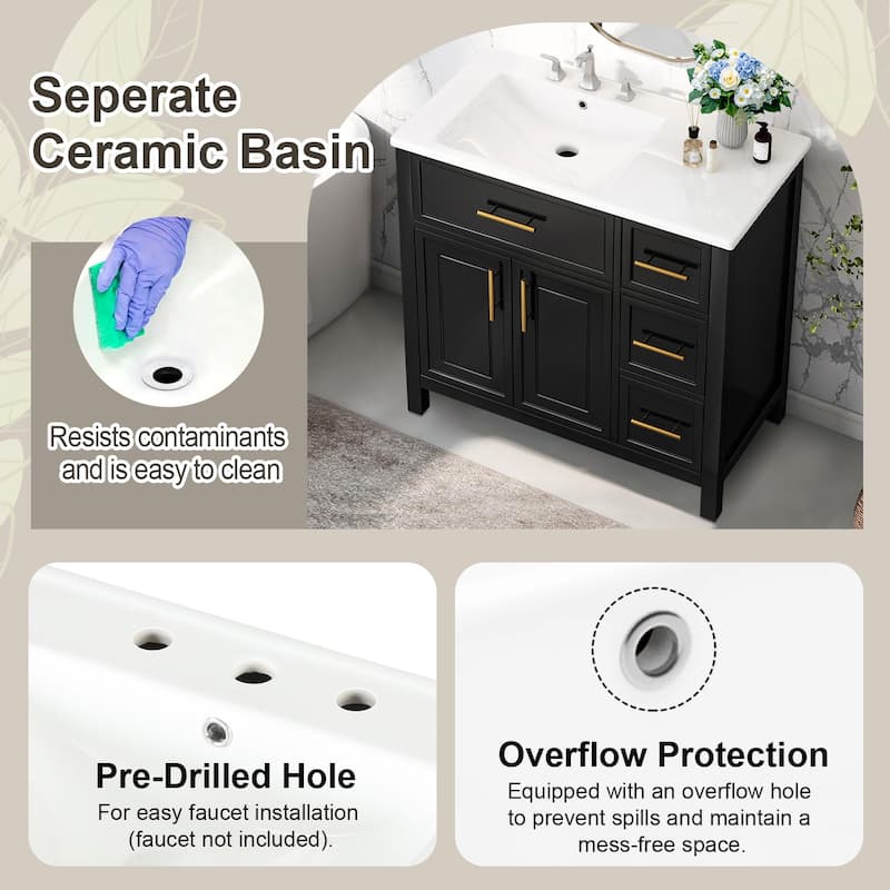 36" Bathroom Vanity with Sink Top,Solid Wood,MDF Boards