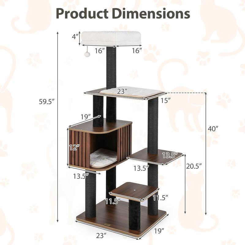Gymax 59.5'' Tall Cat Tower w/Cushion Top Perch Detachable Mats