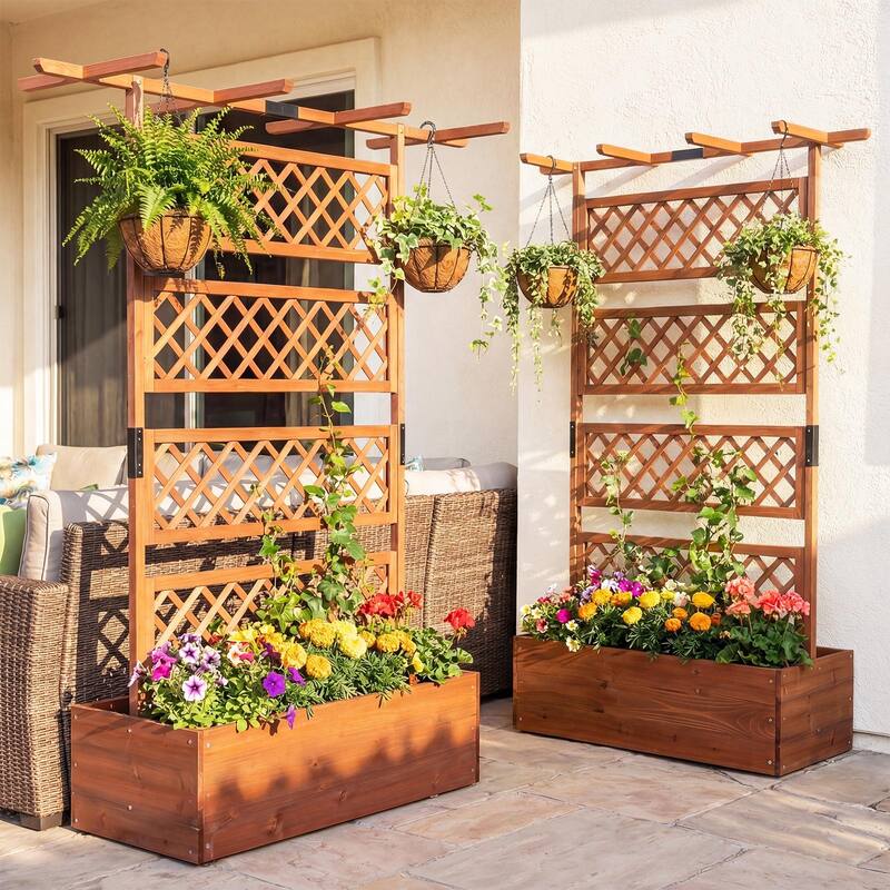 Gymax 2PCS Wooden Planter Box w/Lattice Trellis Flat Roof Drainage for