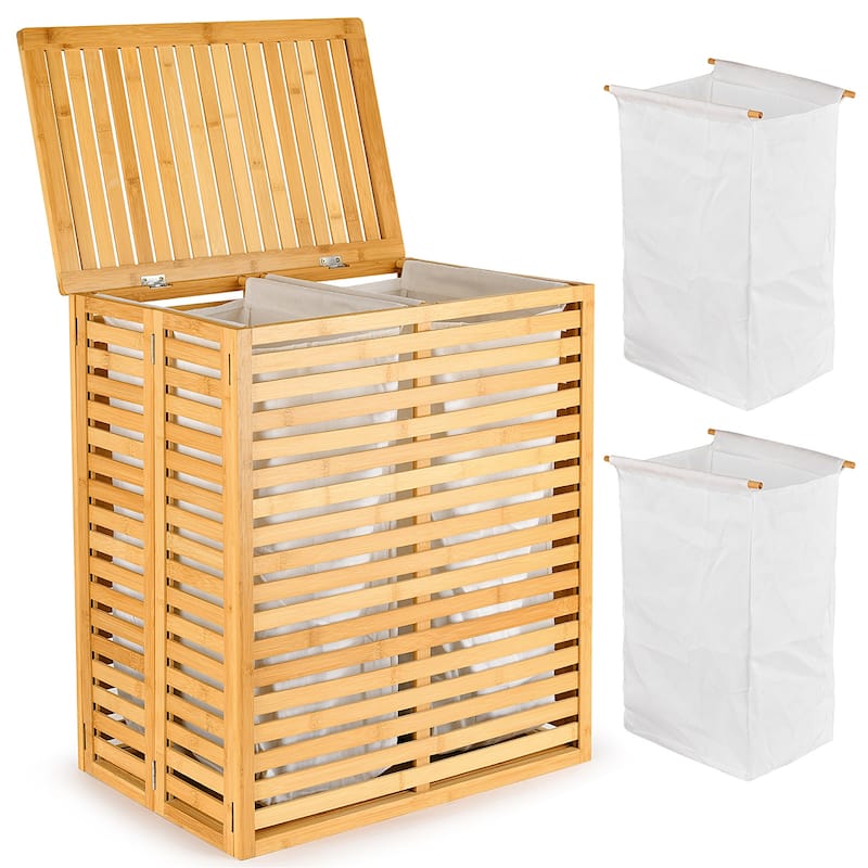 Natural Bamboo Dual-Section Laundry Hamper Foldable with Removable Liner & Ventilated Lid - 21.69""L x 13.85""W x 25.39""H - Brown