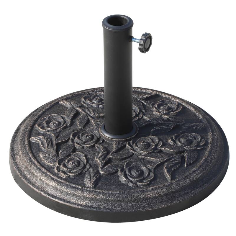 18in. 20 lbs Round Resin Patio Umbrella Base Parasol Holder with Rose Floral Pattern for 1.5", 1.89" Pole in Bronze - Bronze