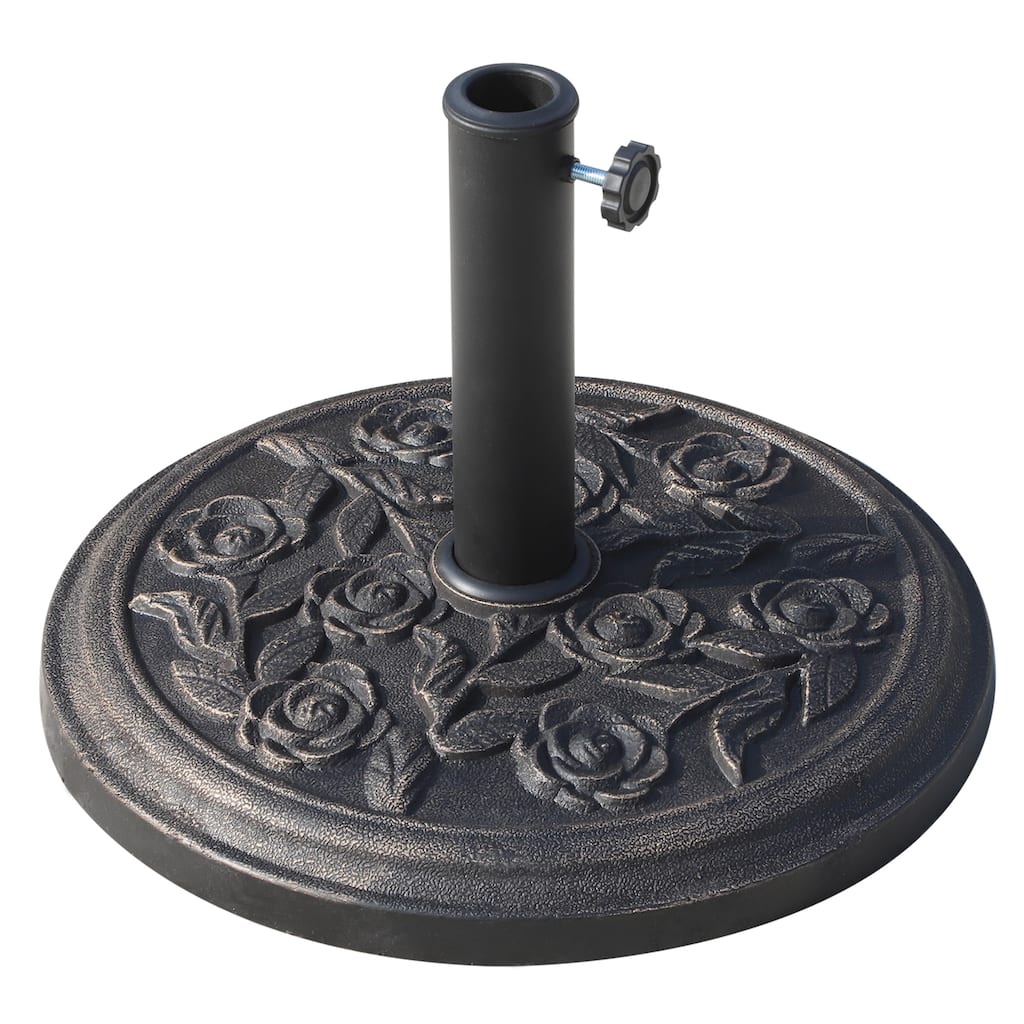 18in. 20 lbs Round Resin Patio Umbrella Base Parasol Holder with Rose Floral Pattern for 1.5", 1.89" Pole in Bronze