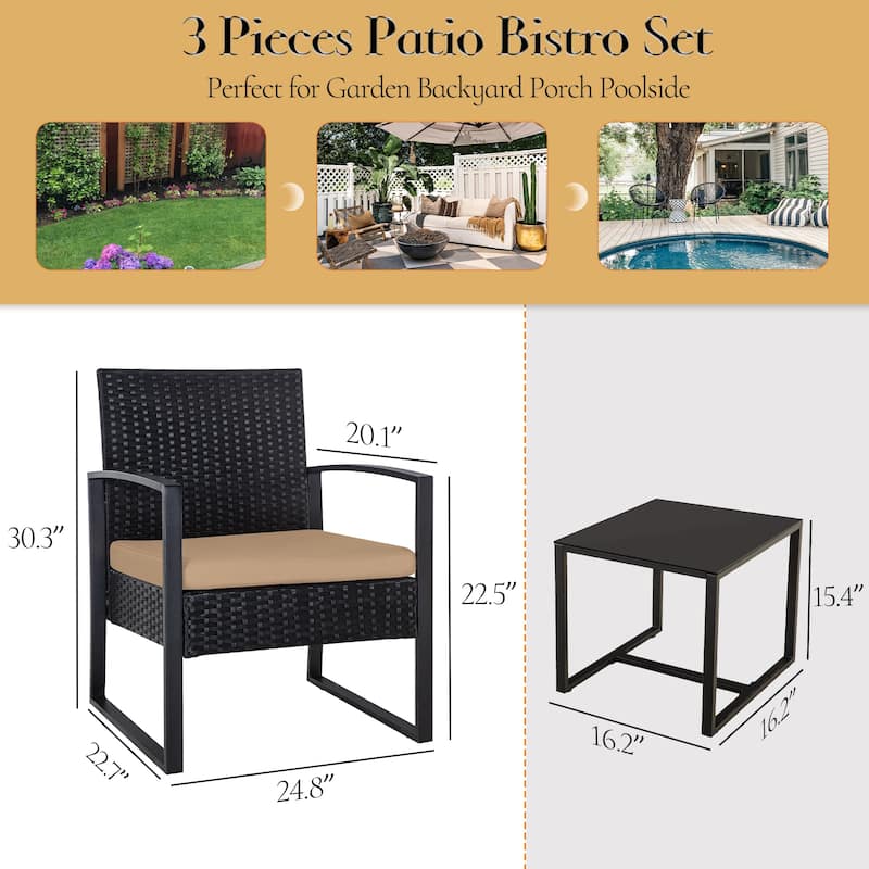 3-Pieces Wicker Patio Conversation Set Outdoor Chairs with Cushions