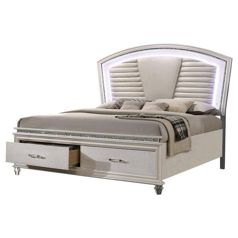 Sam California King Bed with LED, Storage, White Tufted Faux Leather