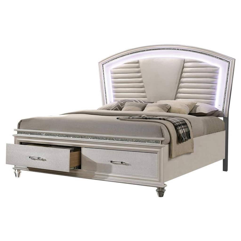 Sam California King Bed with LED, Storage, White Tufted Faux Leather