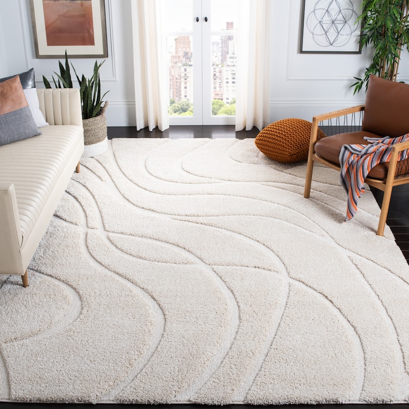 SAFAVIEH Florida Shag Sigtraud Abstract Waves 1.2-inch Thick Rug - 4' x 6' - Creme - Rectangle