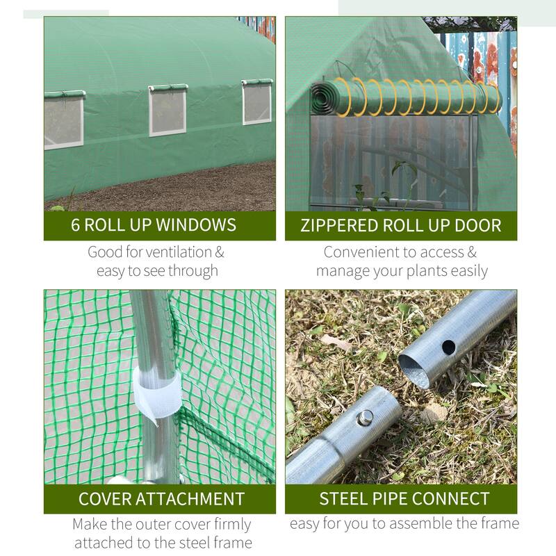 Outsunny 11.5' x 10' x 6.5' Outdoor Walk-In Tunnel Greenhouse Hot House with Roll-up Windows, Zippered Door, PE Cover, Green