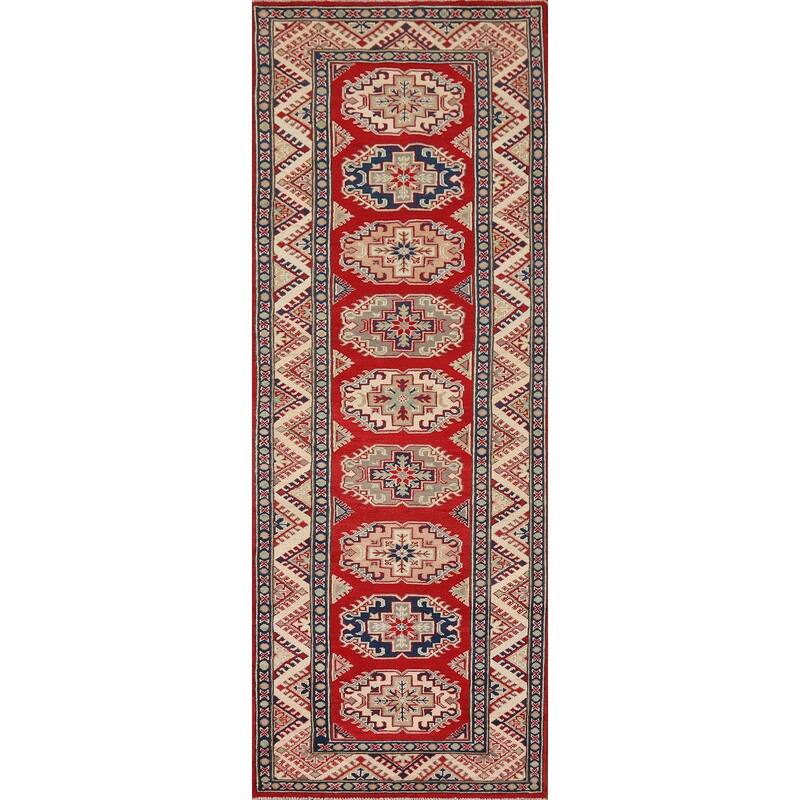 Red Geometric Kazak Oriental Runner Rug Hand-Knotted Wool Carpet - 2'8" x 9'4"